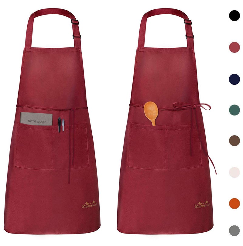 Viedouce 2 Packs Apron Cooking Kitchen Waterproof Adjustable Chef Apron with Pockets for Home Restaurant Craft Garden BBQ School Coffee House Apron for Men Women Red