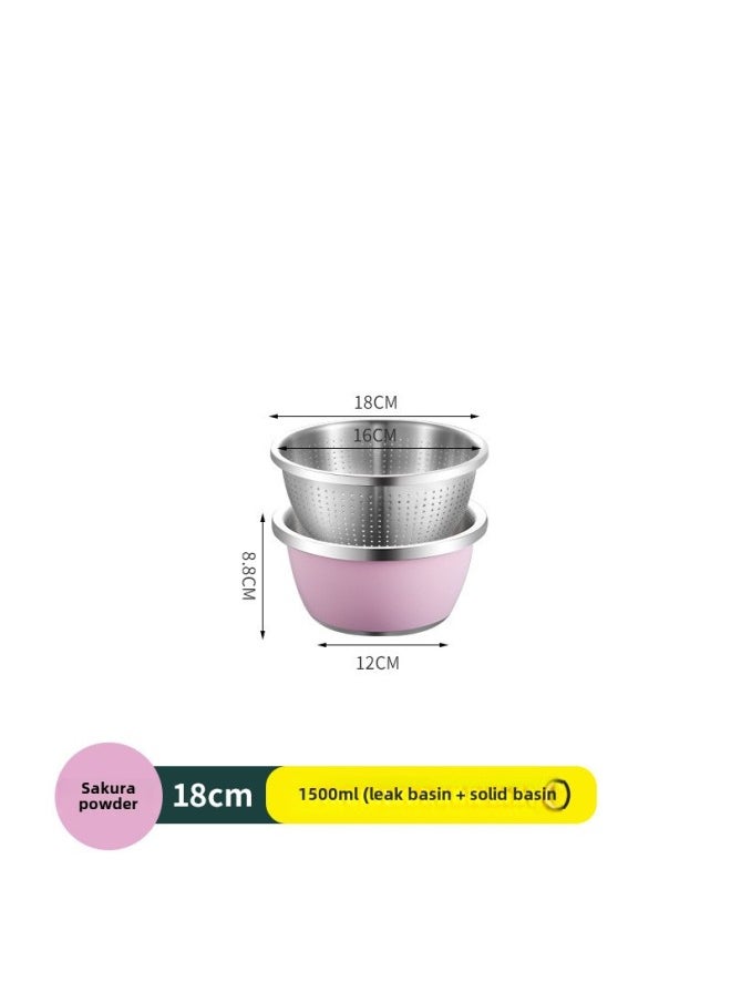 Generic 304 Stainless Steel Colorful Cooking Basin With Lid Salad Basin Baking And Noodle Egg Bowl Baby Washing Bottle Draining Basin-规格:304料理盆+漏盆-18CM-樱花粉-颜色:默认项  - Image 1