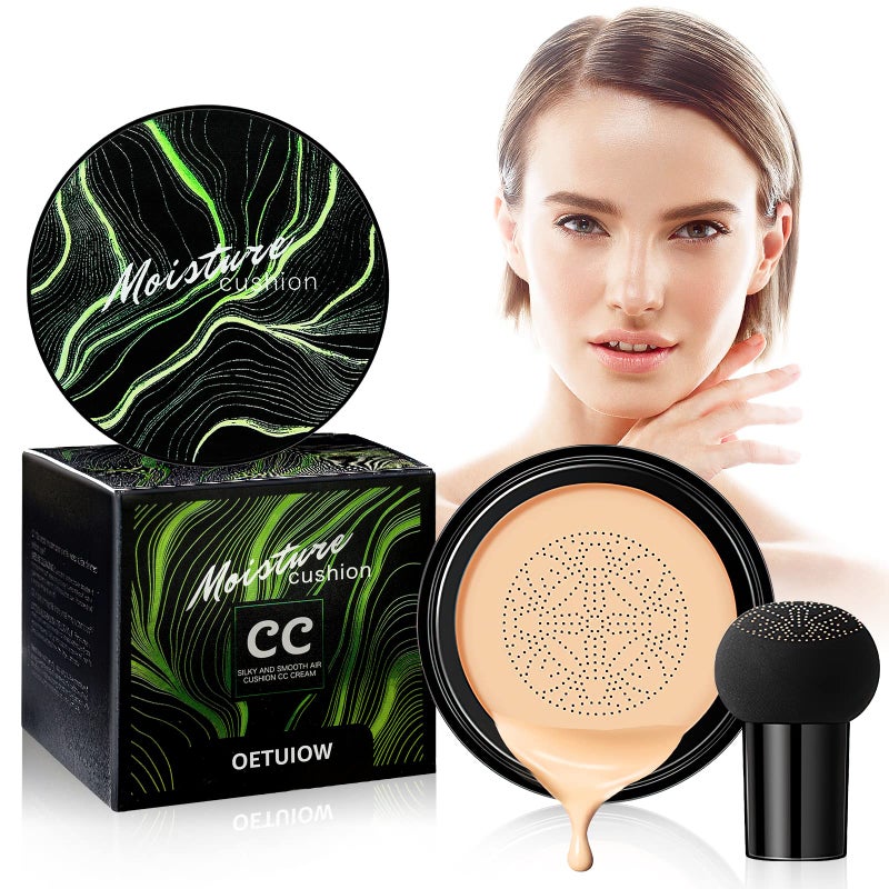 OETUIOW Mushroom Head Air Cushion CC Cream Strong Concealer, Moisturizing BB Cream Makeup Base Primer Even Skin Tone for All Skin Types, Face Makeup Cushion Foundation Long Lasting (Buff Beige) - Image 1