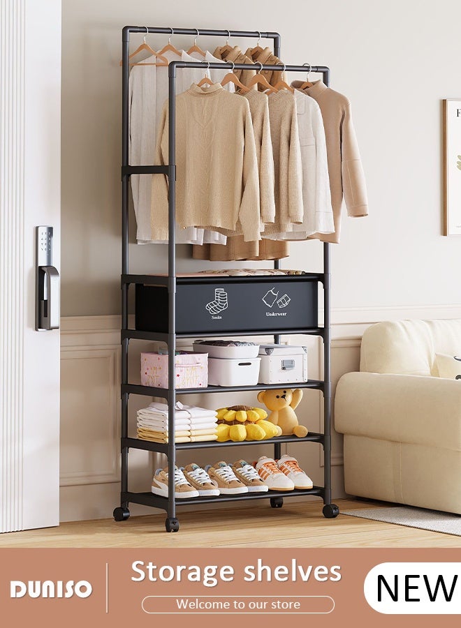 DUNISO 5-Tier Storage Shelf Double-Rail Clothes Rack, Clothing Garment Rack Metal Hanging Clothes for Boxes Shoes Boots Commercial Grade Multi-Purpose Entryway Shelving Unit for Home Office Bedroom - Image 1