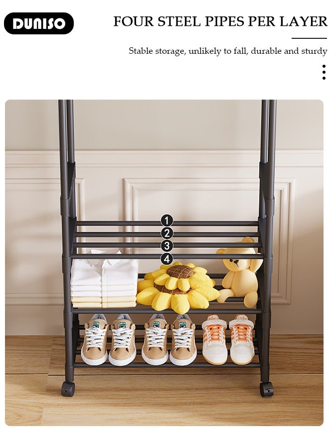 DUNISO 5-Tier Storage Shelf Double-Rail Clothes Rack, Clothing Garment Rack Metal Hanging Clothes for Boxes Shoes Boots Commercial Grade Multi-Purpose Entryway Shelving Unit for Home Office Bedroom - Image 5