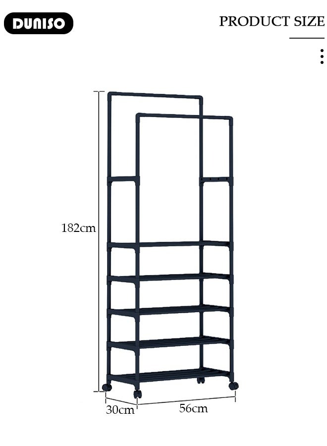 DUNISO 5-Tier Storage Shelf Double-Rail Clothes Rack, Clothing Garment Rack Metal Hanging Clothes for Boxes Shoes Boots Commercial Grade Multi-Purpose Entryway Shelving Unit for Home Office Bedroom - Image 2
