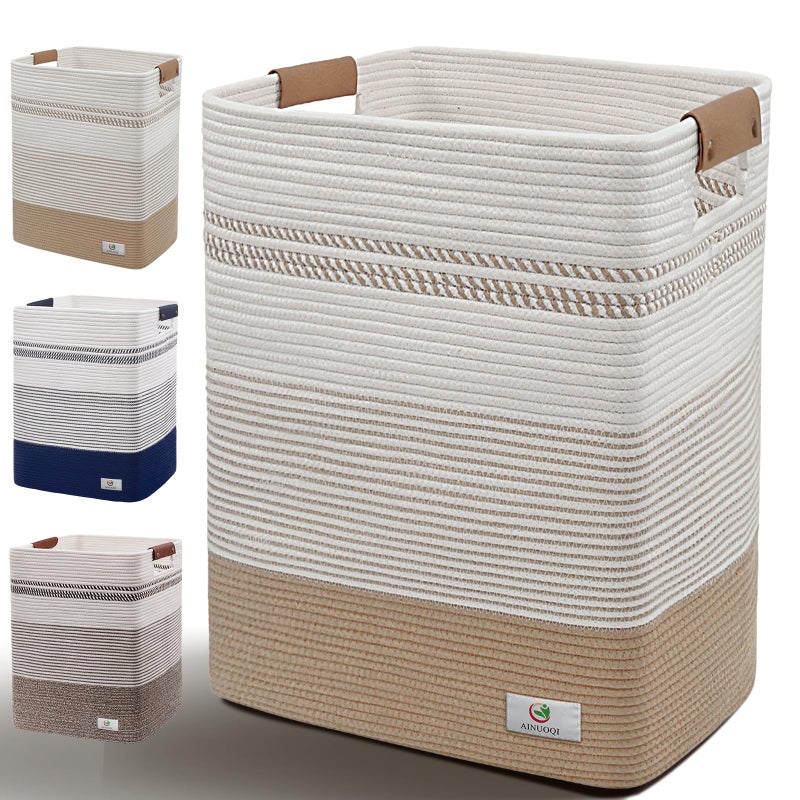 AINUOQI Laundry Hamper Large Laundry Basket with Leather Handles, Decorative Storage Cotton Rope Woven Basket for Blankets, Clothes Hamper for Living Room, Jute & White, 85L - Image 1