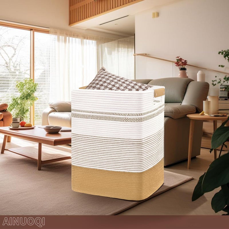 AINUOQI Laundry Hamper Large Laundry Basket with Leather Handles, Decorative Storage Cotton Rope Woven Basket for Blankets, Clothes Hamper for Living Room, Jute & White, 85L - Image 4