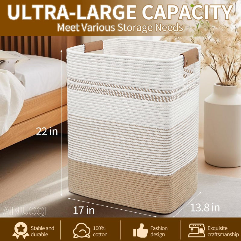 AINUOQI Laundry Hamper Large Laundry Basket with Leather Handles, Decorative Storage Cotton Rope Woven Basket for Blankets, Clothes Hamper for Living Room, Jute & White, 85L - Image 2