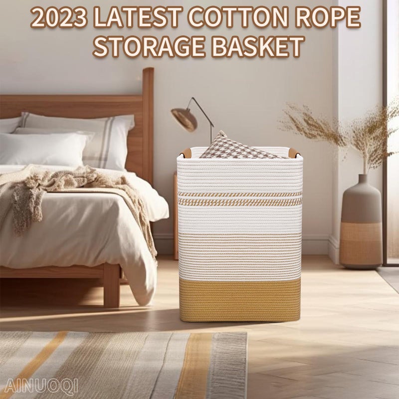 AINUOQI Laundry Hamper Large Laundry Basket with Leather Handles, Decorative Storage Cotton Rope Woven Basket for Blankets, Clothes Hamper for Living Room, Jute & White, 85L - Image 5