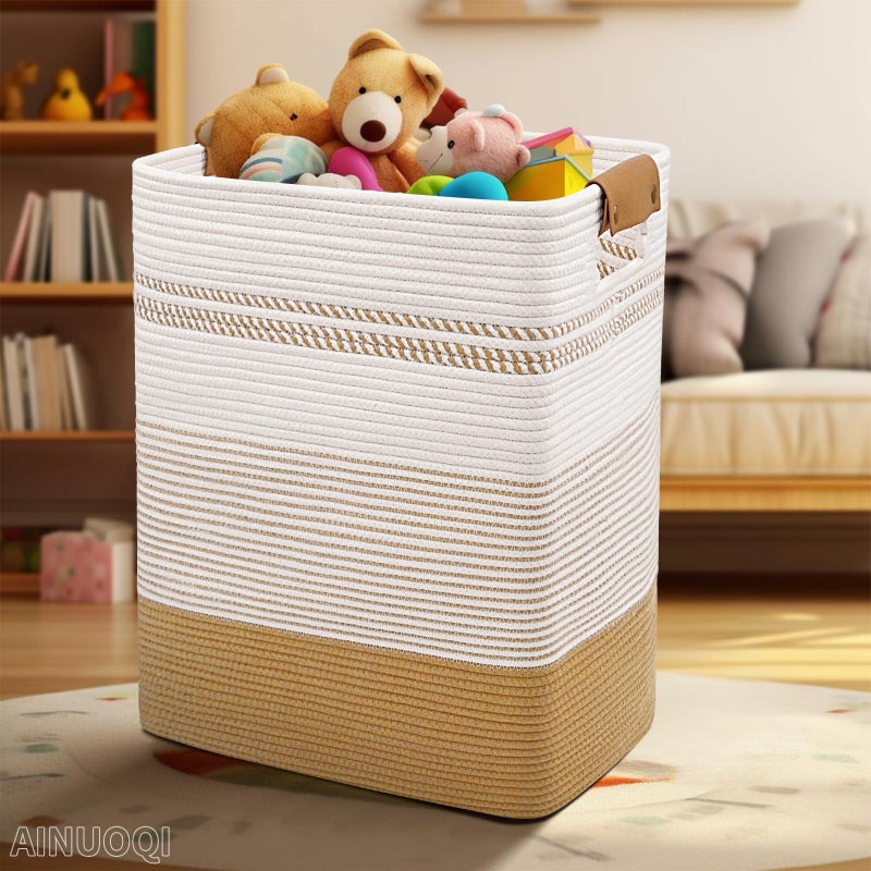 AINUOQI Laundry Hamper Large Laundry Basket with Leather Handles, Decorative Storage Cotton Rope Woven Basket for Blankets, Clothes Hamper for Living Room, Jute & White, 85L - Image 3