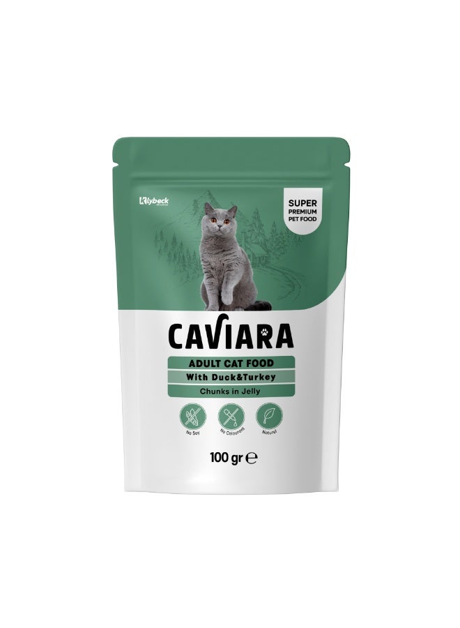 Caviara Pouch for Adult Cats with  Duck & Turkey  Chunks in Jelly 100gr