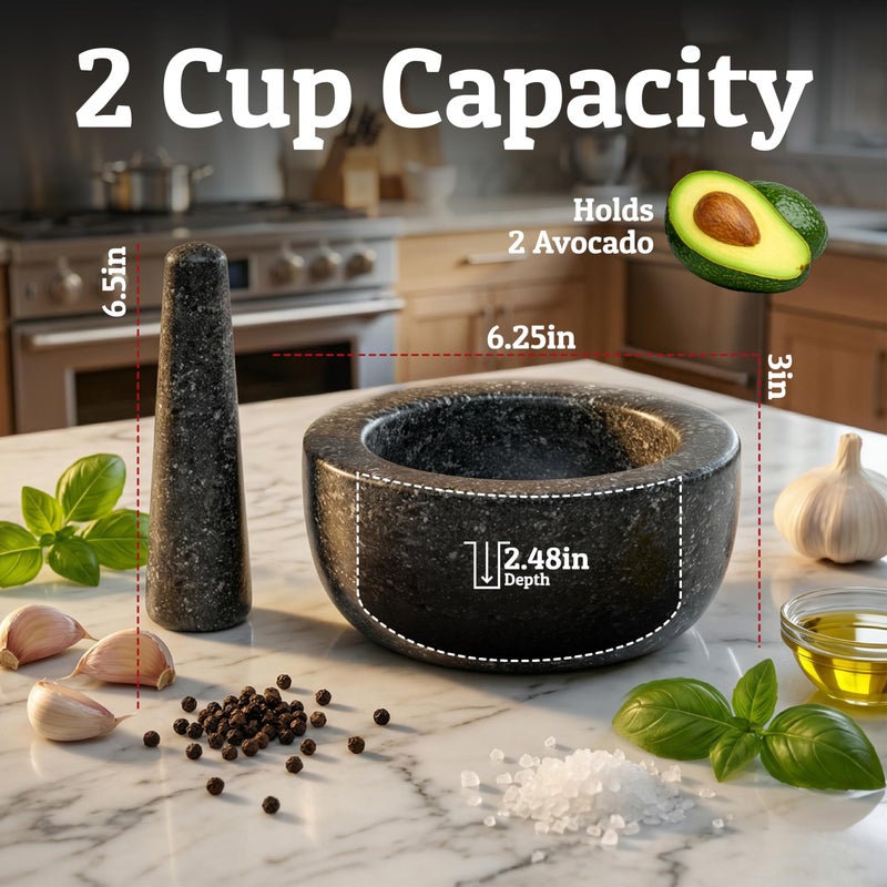 Priority Chef Heavy Duty Large 2 Cup Mortar and Pestle Set,100% Granite, Non Slip Base, Make Fresh Guacamole, Salsa, Pesto, Stone Grinder Bowl, Herb Crusher, Spice Grinder, 6.3 Inch Size, Black - Image 3