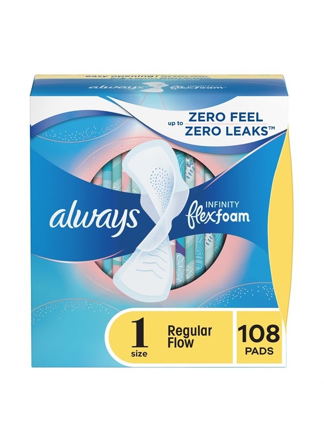 Always فوط إنفينيتي النسائية للنساء، الحجم 1 امتصاص عادي، عبوة متعددة، مع أجنحة، مع فليكس فوم، بدون رائحة، 36 قطعة × 3 عبوات (108 قطعة إجمالاً) - Image 1