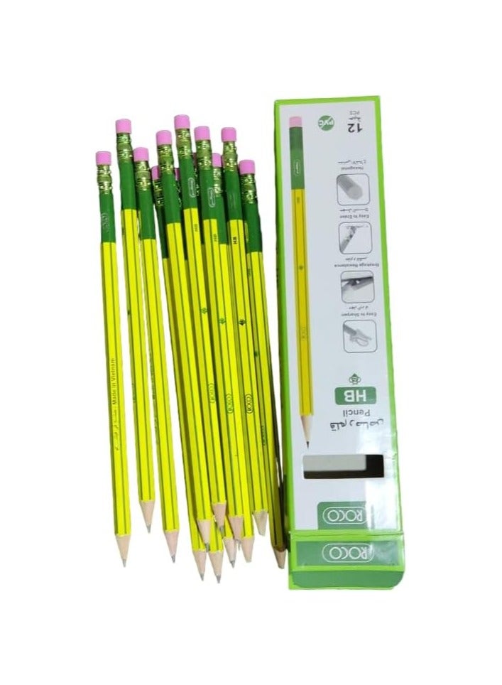 روكو أقلام رصاص HB من روكو – عبوة 12، تصميم أسود وأصفر مع ممحاة وردية - Image 2
