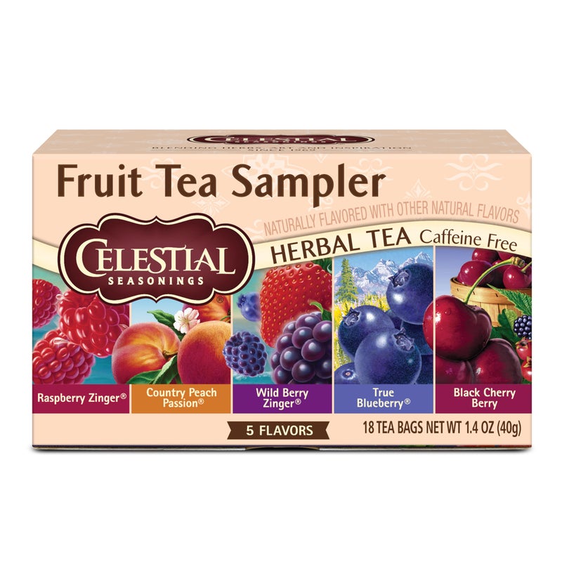 Celestial Seasonings Fruit Tea Sampler Herbal Tea Variety Pack, Caffeine Free, 18 Tea Bags Per Box - Image 1
