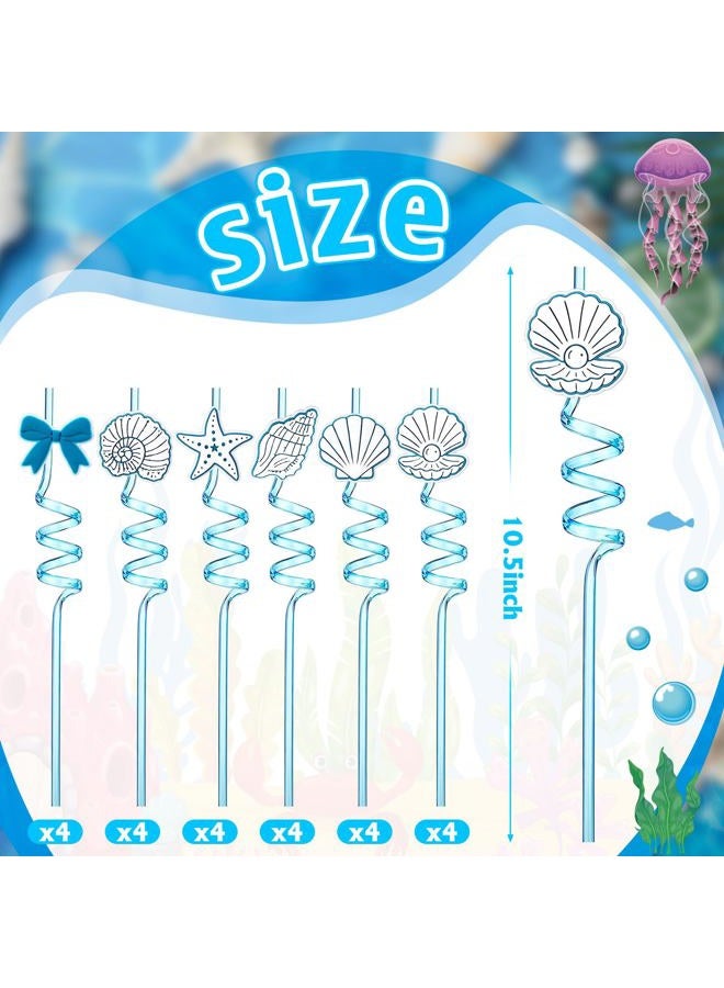 Potchen 24 Pcs Blue Bow Starfish and Seashell Garland Drinking Straws Reusable Shape Straws Under the Sea Beach Wedding Mermaid Party Summer Favor Decorations for Kids - Image 3