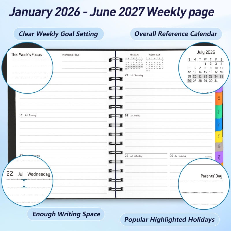 Winkooy Daily Planner 2026-2027, 18-Month Weekly and Monthly Calendar Planner, January 2026 - June 2027, Planning Agenda Book with Laminated Tabs, Flexible Cover, 100GSM Thick Paper, A5 Size,Black - Image 3
