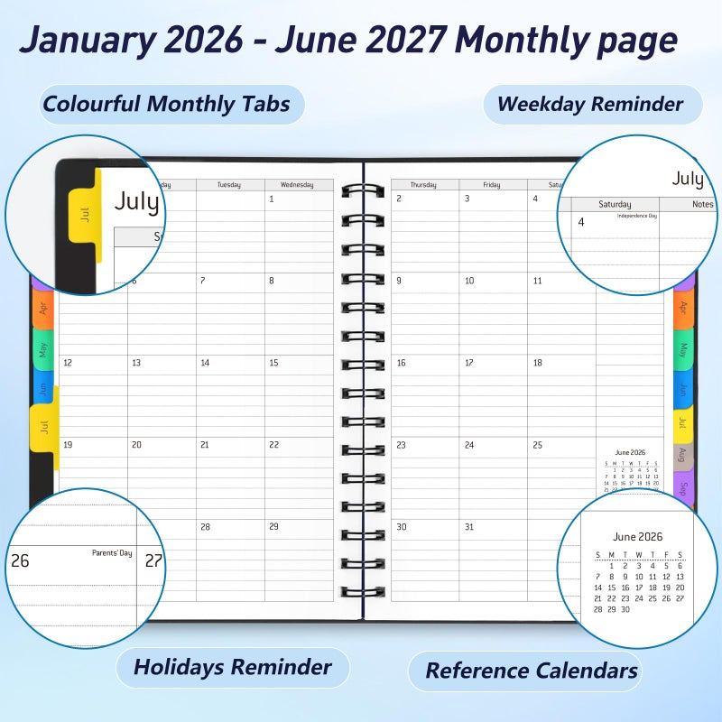 Winkooy Daily Planner 2026-2027, 18-Month Weekly and Monthly Calendar Planner, January 2026 - June 2027, Planning Agenda Book with Laminated Tabs, Flexible Cover, 100GSM Thick Paper, A5 Size,Black - Image 4