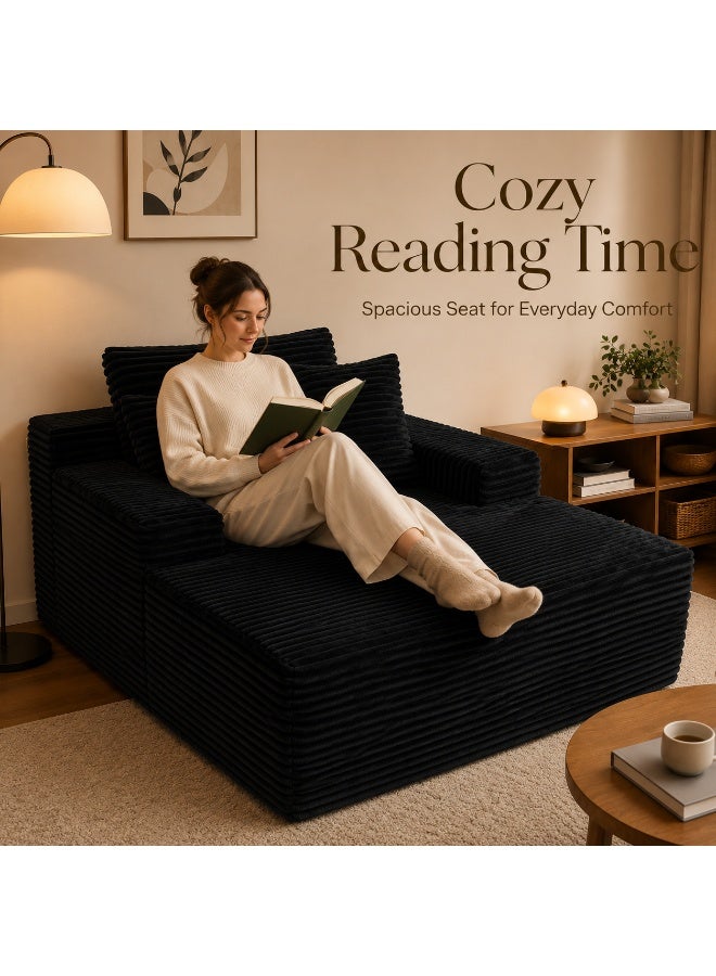 Sofa, Durable Lightweight Ready Filled Lounge Chair with Soft Corduroy Fabric, Extra-Wide Seat, Supportive Backrest & Pillows for Living Room, Bedroom, Reading Nook, Adults & Teens (Black)