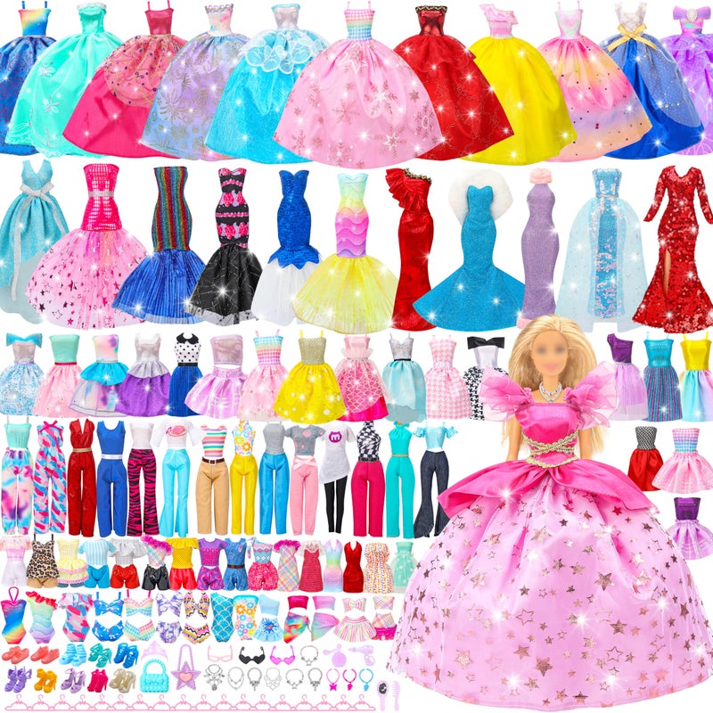 Style Shine 70 Pcs Doll Clothes and Accessories4 Wedding Gowns 2 Evening Dresses 8 Fashion Dresses 6 Set Casual Outfit Top and Pant 2 Swimsuit18 Hanger 10 Shoe 20 Accessories Toys for Girls Kid Gift - Image 3