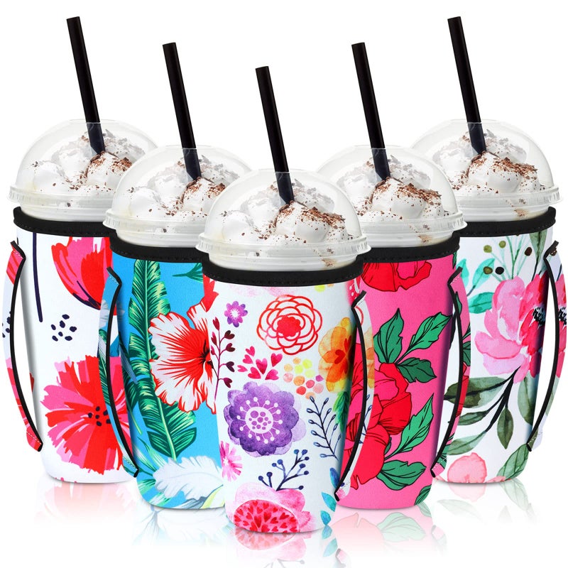 Chengu Chengu 5 Packs Iced Coffee Sleeve Flower Patterned Insulator Sleeves Reusable Sleeves for Coffee Neoprene Cup Holder for Cold Drinks Beverages Cup Sleeve with Handle Fit 3032 oz Coffee Cups 