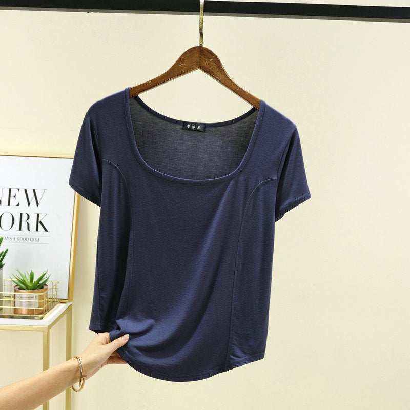 Black Modal Square Collar Short-Sleeved T-Shirt For Women Summer Slim-Fit Off-The-Collarbone Top French Half-Sleeve Base - Image 1