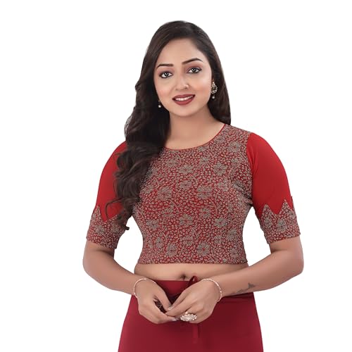 DESI GIRL - Round Neck Jacquard Regular Fit Saree Blouse for Women | Half Sleeve Readymade Stretchy Embroidered Design Festive Blouse Perfect for Saree, Lehenga, Kurti | Red - 42 - Image 1