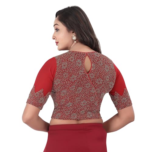 DESI GIRL - Round Neck Jacquard Regular Fit Saree Blouse for Women | Half Sleeve Readymade Stretchy Embroidered Design Festive Blouse Perfect for Saree, Lehenga, Kurti | Red - 42 - Image 3