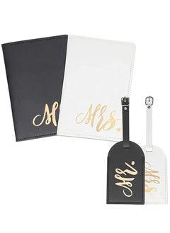 Luggage Tags Set and Passport Covers, Mr and Mrs, Personalised Waterproof Leather White Black Name ID Identifier Bag Tag Kit for Married Couples Honeymoon Lovers Travel Outdoor Use(4PCS)