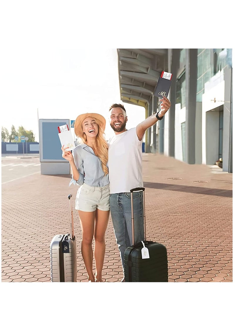 SYOSI - Luggage Tags Set and Passport Covers, Mr and Mrs, Personalised Waterproof Leather White Black Name ID Identifier Bag Tag Kit for Married Couples Honeymoon Lovers Travel Outdoor Use(4PCS) - Image 1