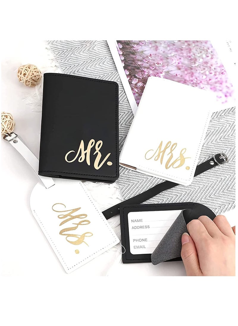 SYOSI - Luggage Tags Set and Passport Covers, Mr and Mrs, Personalised Waterproof Leather White Black Name ID Identifier Bag Tag Kit for Married Couples Honeymoon Lovers Travel Outdoor Use(4PCS) - Image 1