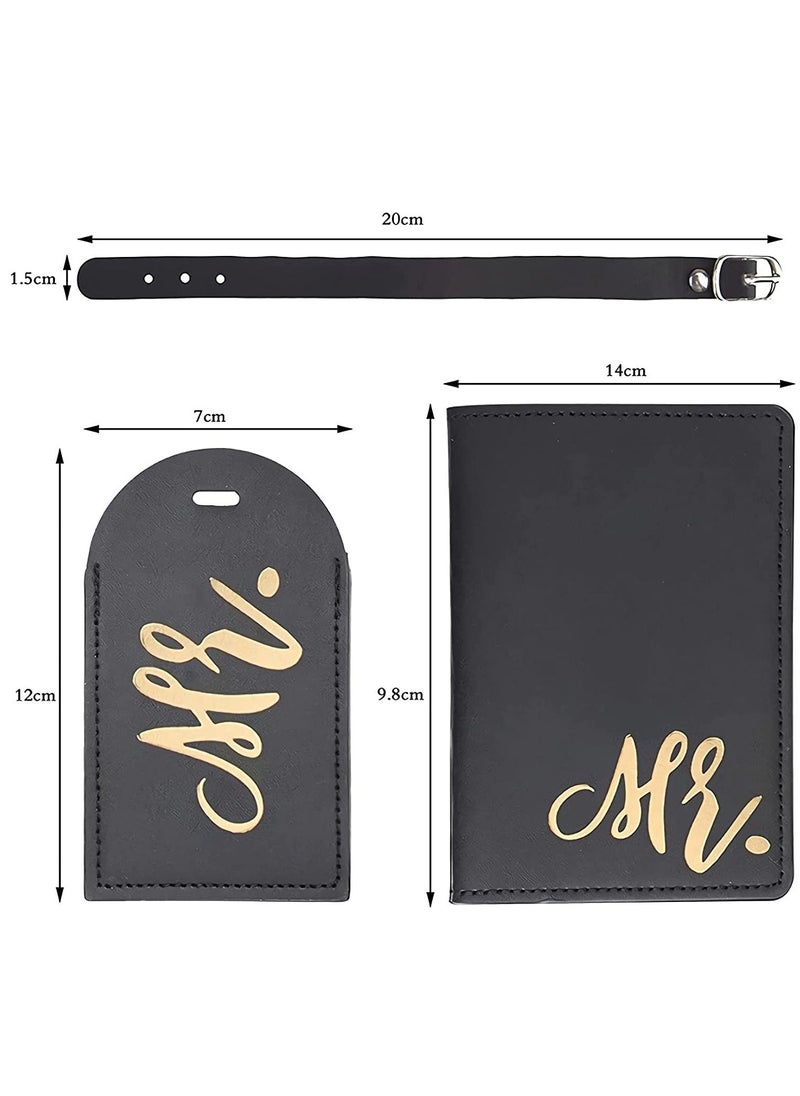 SYOSI - Luggage Tags Set and Passport Covers, Mr and Mrs, Personalised Waterproof Leather White Black Name ID Identifier Bag Tag Kit for Married Couples Honeymoon Lovers Travel Outdoor Use(4PCS) - Image 1