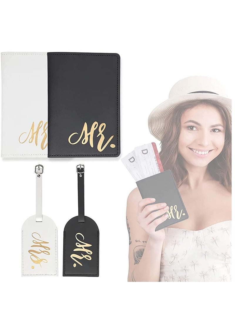 SYOSI - Luggage Tags Set and Passport Covers, Mr and Mrs, Personalised Waterproof Leather White Black Name ID Identifier Bag Tag Kit for Married Couples Honeymoon Lovers Travel Outdoor Use(4PCS) - Image 1