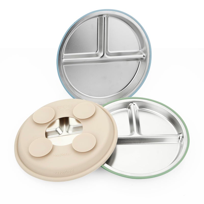 PandaEar 3 Pack Stainless Steel Baby Suction Plates, Divided Toddler Plate for Baby Led Weaning Supplies, Non-Slip Toddler Baby Feeding Set Dishwasher Safe (Blue/Green/Brown) - Image 5