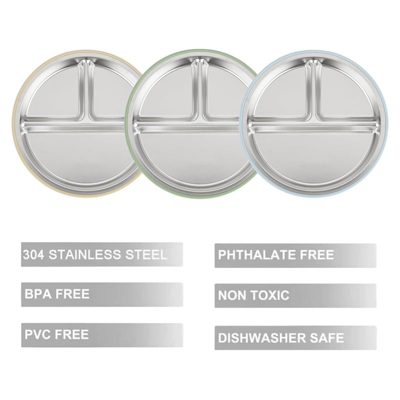 PandaEar 3 Pack Stainless Steel Baby Suction Plates, Divided Toddler Plate for Baby Led Weaning Supplies, Non-Slip Toddler Baby Feeding Set Dishwasher Safe (Blue/Green/Brown) - Image 4