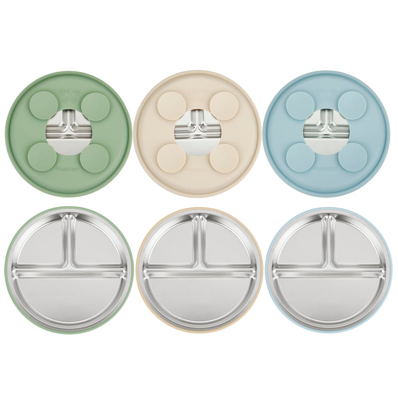 PandaEar 3 Pack Stainless Steel Baby Suction Plates, Divided Toddler Plate for Baby Led Weaning Supplies, Non-Slip Toddler Baby Feeding Set Dishwasher Safe (Blue/Green/Brown) - Image 1