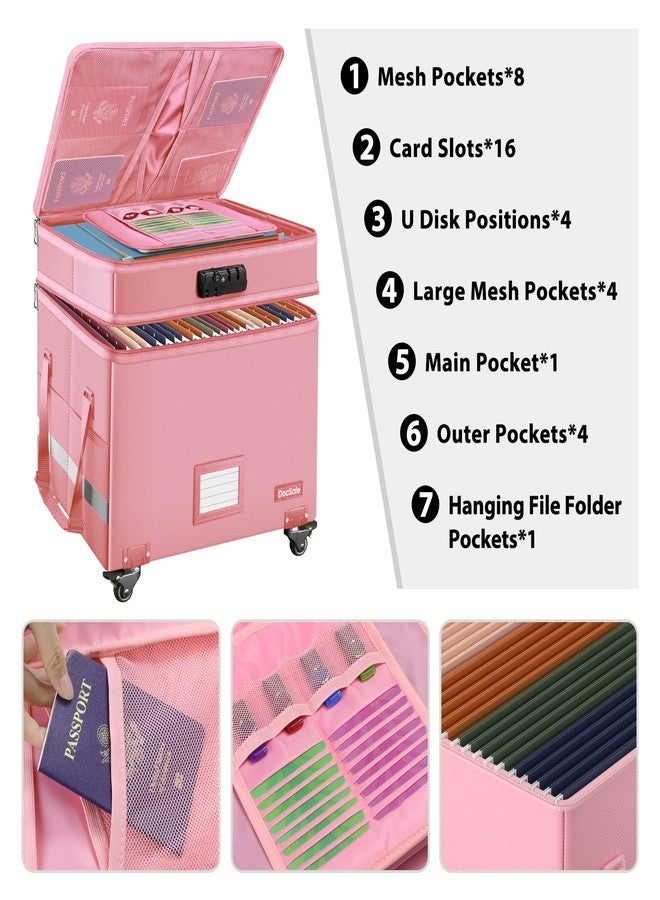 DocSafe File Box with Lock,2-Layer Fireproof Document Box with Wheels,Collapsible Rolling File Storage Organizer with Pockets,Large Portable Home Office Filing Cabinet Safe for Hanging Folders,Pink - Image 2