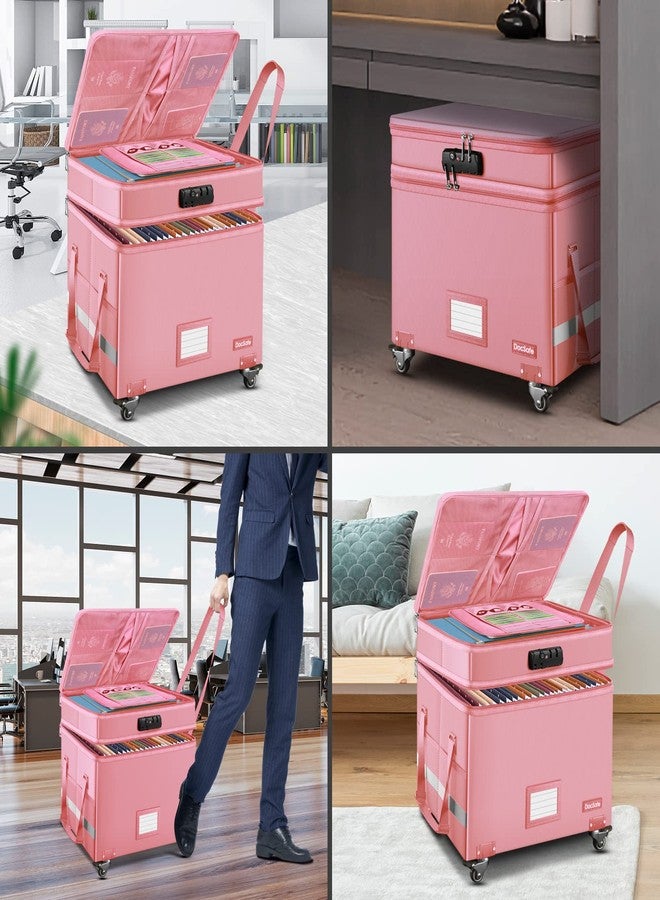 DocSafe File Box with Lock,2-Layer Fireproof Document Box with Wheels,Collapsible Rolling File Storage Organizer with Pockets,Large Portable Home Office Filing Cabinet Safe for Hanging Folders,Pink - Image 3