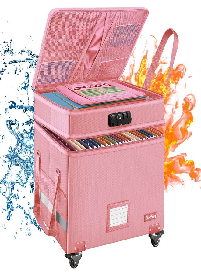 DocSafe File Box with Lock,2-Layer Fireproof Document Box with Wheels,Collapsible Rolling File Storage Organizer with Pockets,Large Portable Home Office Filing Cabinet Safe for Hanging Folders,Pink - Image 1