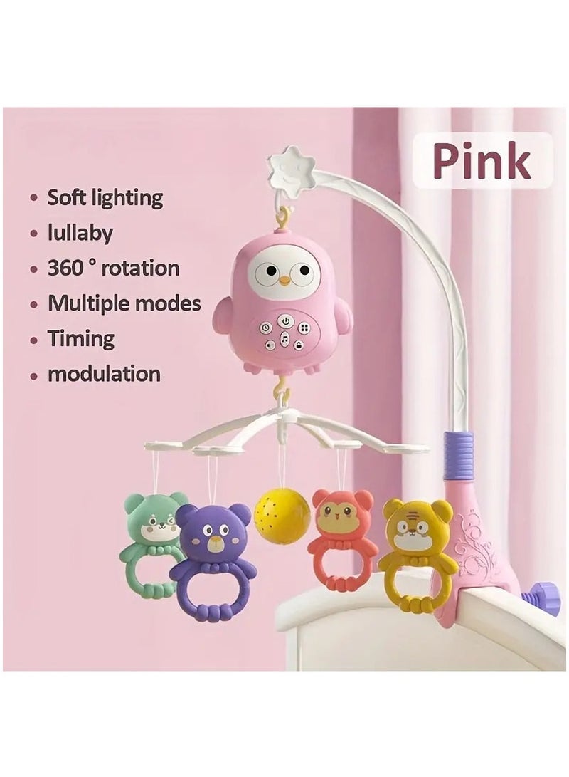 سرير أطفال متنقل موسيقي مع موسيقى وأضواء، وظيفة توقيت، عرض، خشخيشة وصندوق موسيقى للأطفال الرضع من الأولاد والبنات الصغار (وردي) - Image 1