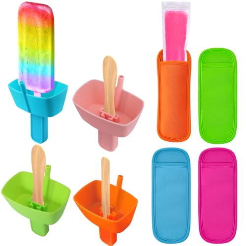 AIERSA 8pcs Popsicle Holders and Ice Pop Sleeves Set for kids No Drip, Silicone Popsicle Holder with Straw and Reusable Neopreneee Freeze Popsicle Sleeves for Toddlers Mess Free, No Freezing Hands - Image 1