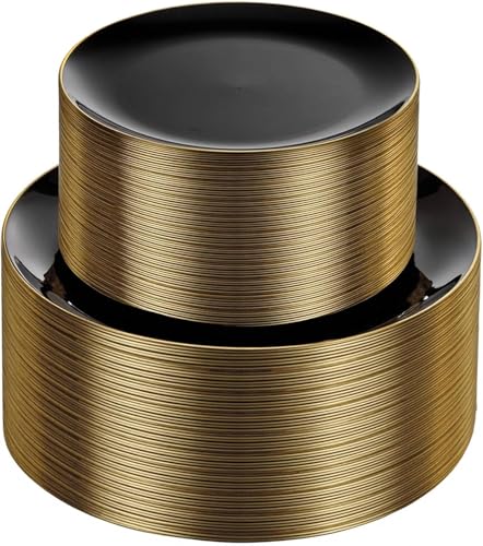 KIRE 100PCS Black and Gold Plates Black Plastic Plates Disposable with Gold Rim for Halloween PartyWeddingBirthday Include 50Pcs 1025inch for Dinner and 50Pcs 75inch for DessertSalad - Image 2