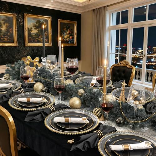 KIRE 100PCS Black and Gold Plates Black Plastic Plates Disposable with Gold Rim for Halloween PartyWeddingBirthday Include 50Pcs 1025inch for Dinner and 50Pcs 75inch for DessertSalad - Image 5