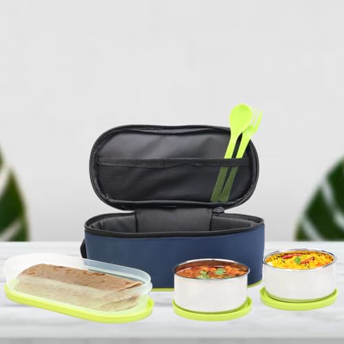 Attro Office Mate Lunch Box 2 Steel Container, 1 Plastic Oval Container & Spoons with Lunch Bag Complete Meal Set Ideal for Office, College & Outdoor- Green 1000ml - Image 1
