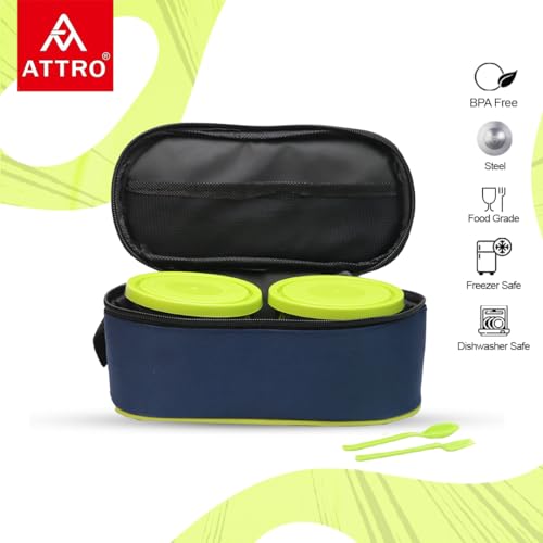 Attro Office Mate Lunch Box 2 Steel Container, 1 Plastic Oval Container & Spoons with Lunch Bag Complete Meal Set Ideal for Office, College & Outdoor- Green 1000ml - Image 2