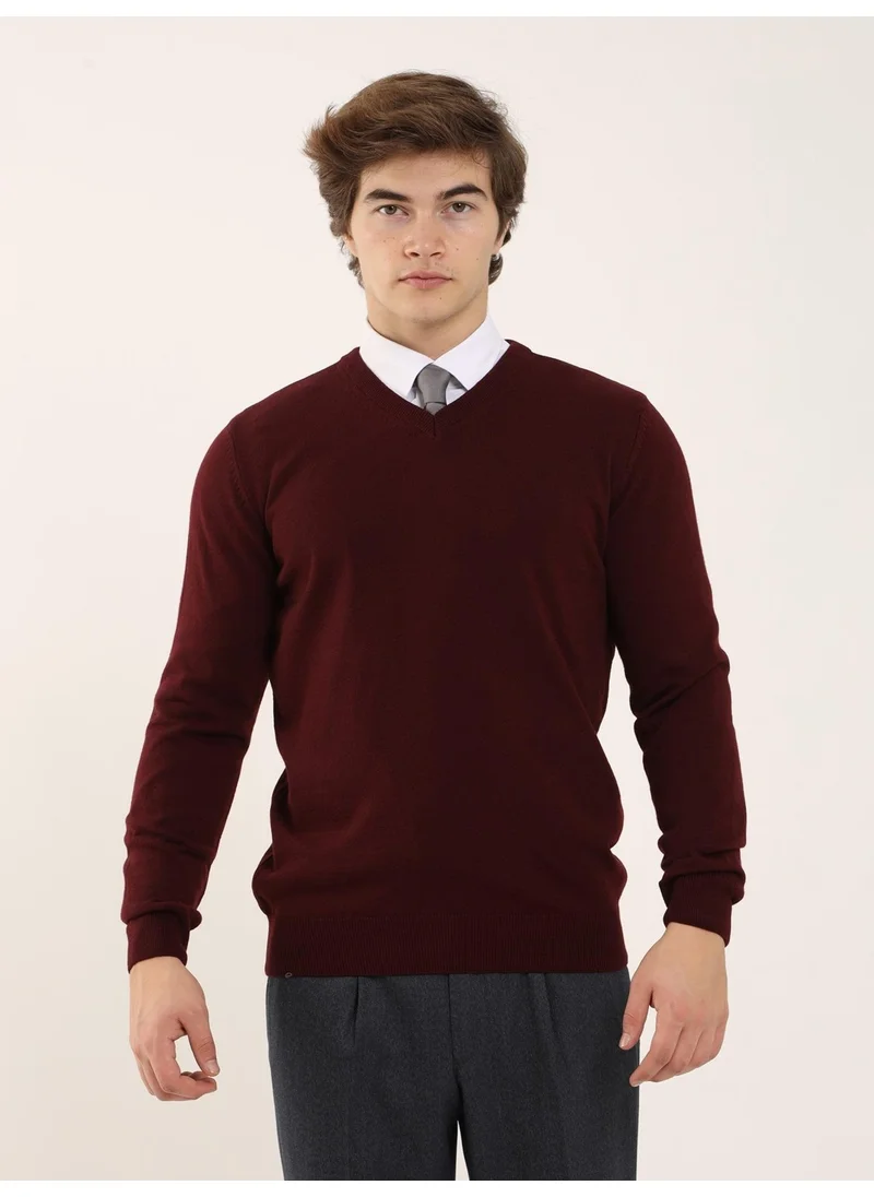 Dufy Claret Red Men's Slim Fit V-Neck Knitwear