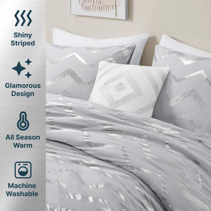 Codi Silver and Grey Bedroom Set, Gray Girls Bedding Comforter Sets Queen and Full Size, 4 Pieces for Women - All Seasons Warm - Image 3