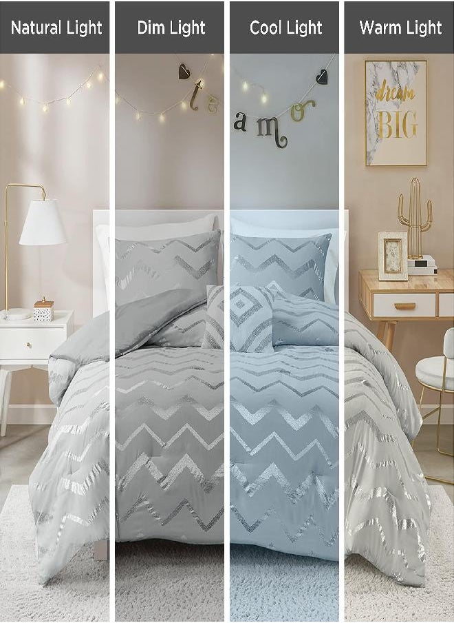 CODi Codi Ziggy Grey/Silver Comforter Set Queen/Full Size, Chevron Plush Metallic Bed Set, 4 Piece Bedding Sets (2 Matching Sham + 1 Decorative Pillow)  - Image 2