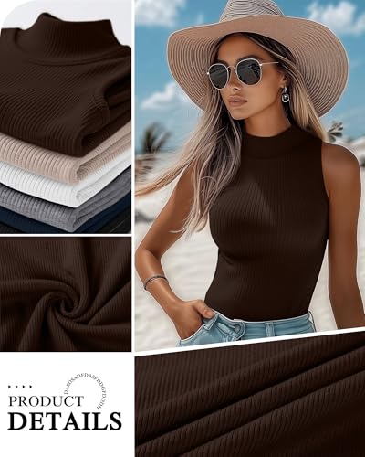 Xaatren 3 Pack Womens Sleeveless Mock Turtlenecks Shirts Ribbed Stretch Slim Fitted Tank Top Basic Lightweight Bustier TeeBlack White BrownXLarge - Image 3
