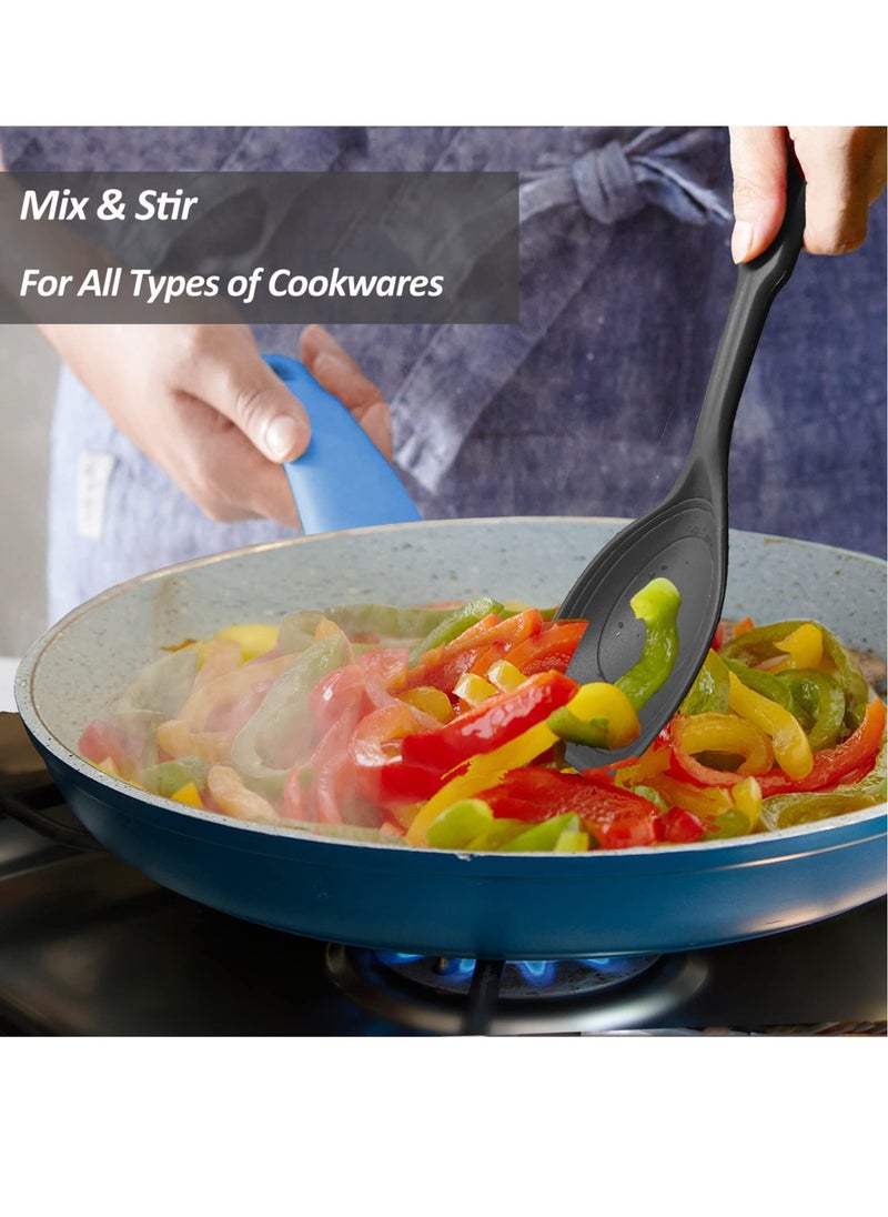 SYOSI Silicone Cooking Spoon Non-Stick Slotted and Solid Spoon set with Deep Bolw for Kitchen Cooking Baking Stirring Mixing Tools 2 Pcs Black  - Image 4