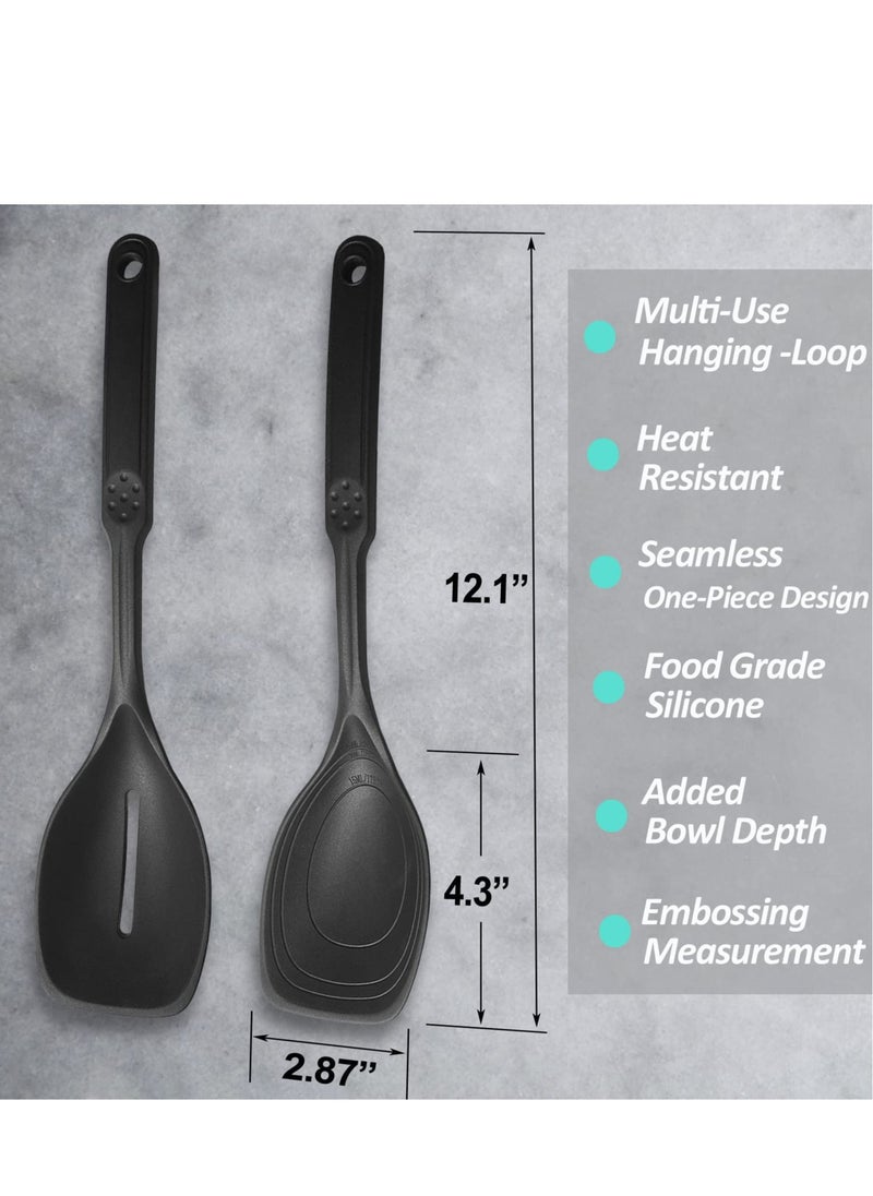 SYOSI Silicone Cooking Spoon Non-Stick Slotted and Solid Spoon set with Deep Bolw for Kitchen Cooking Baking Stirring Mixing Tools 2 Pcs Black  - Image 5