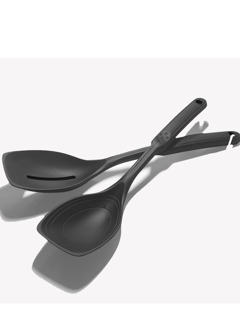 SYOSI Silicone Cooking Spoon Non-Stick Slotted and Solid Spoon set with Deep Bolw for Kitchen Cooking Baking Stirring Mixing Tools 2 Pcs Black  - Image 1