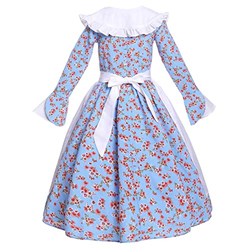 Vibsion Girls Prairie Pioneer Costume Pilgrim Dress Kids Floral Colonial Village Girl Costume Bonnet Apron Set Halloween - Image 2